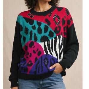 Vintage 80s Sequin Animal Print Colorblock Knit Statement Sweater Size L